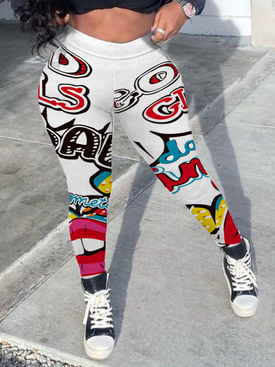 LW Plus Size High Waist Lip Letter Print Skinny Pants