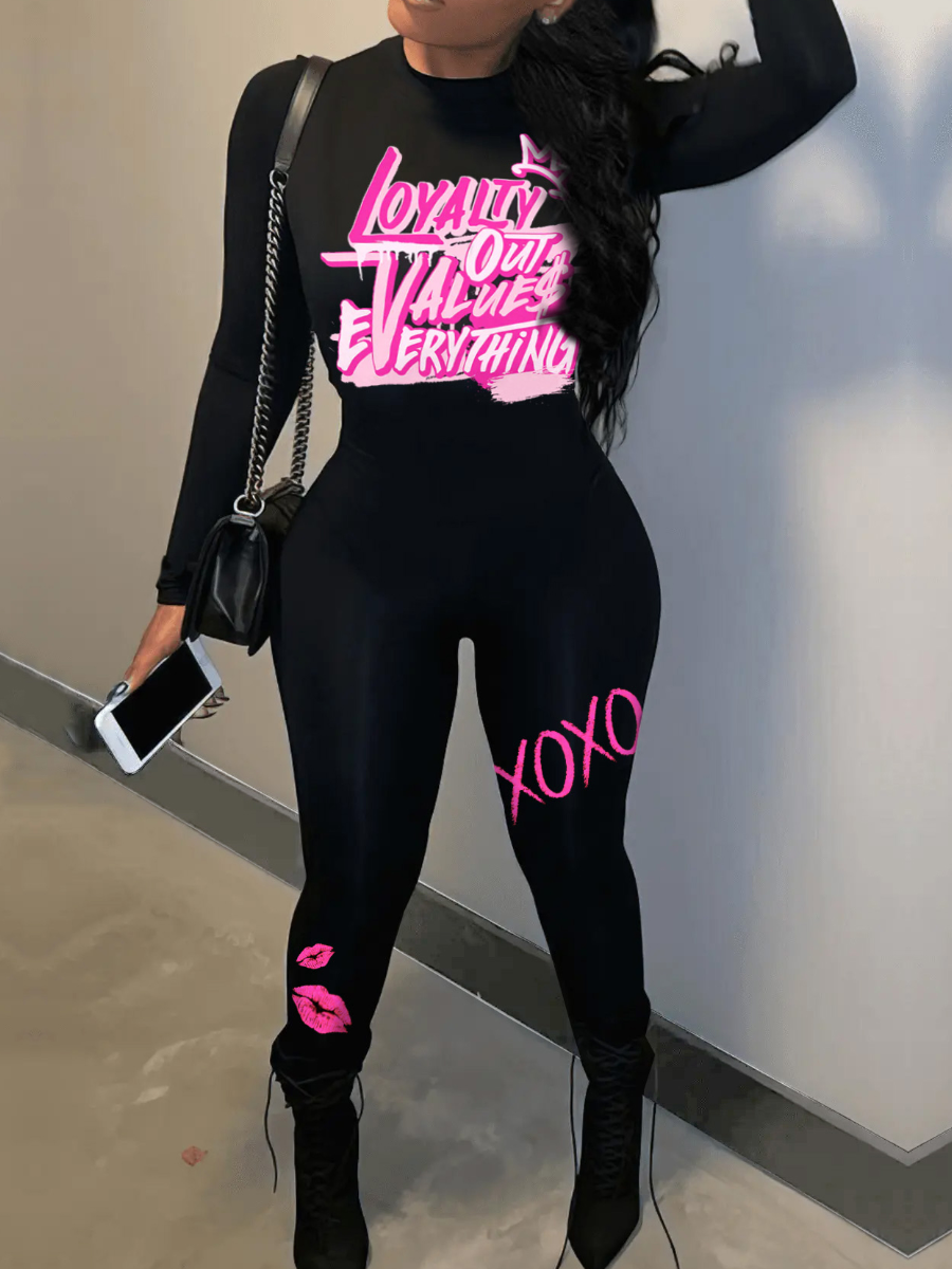 LovelyWholesale Lip Letter Print Skinny Jumpsuit Fall Long Sleeve Casual Pattern Round Neck Spring Summer 2024