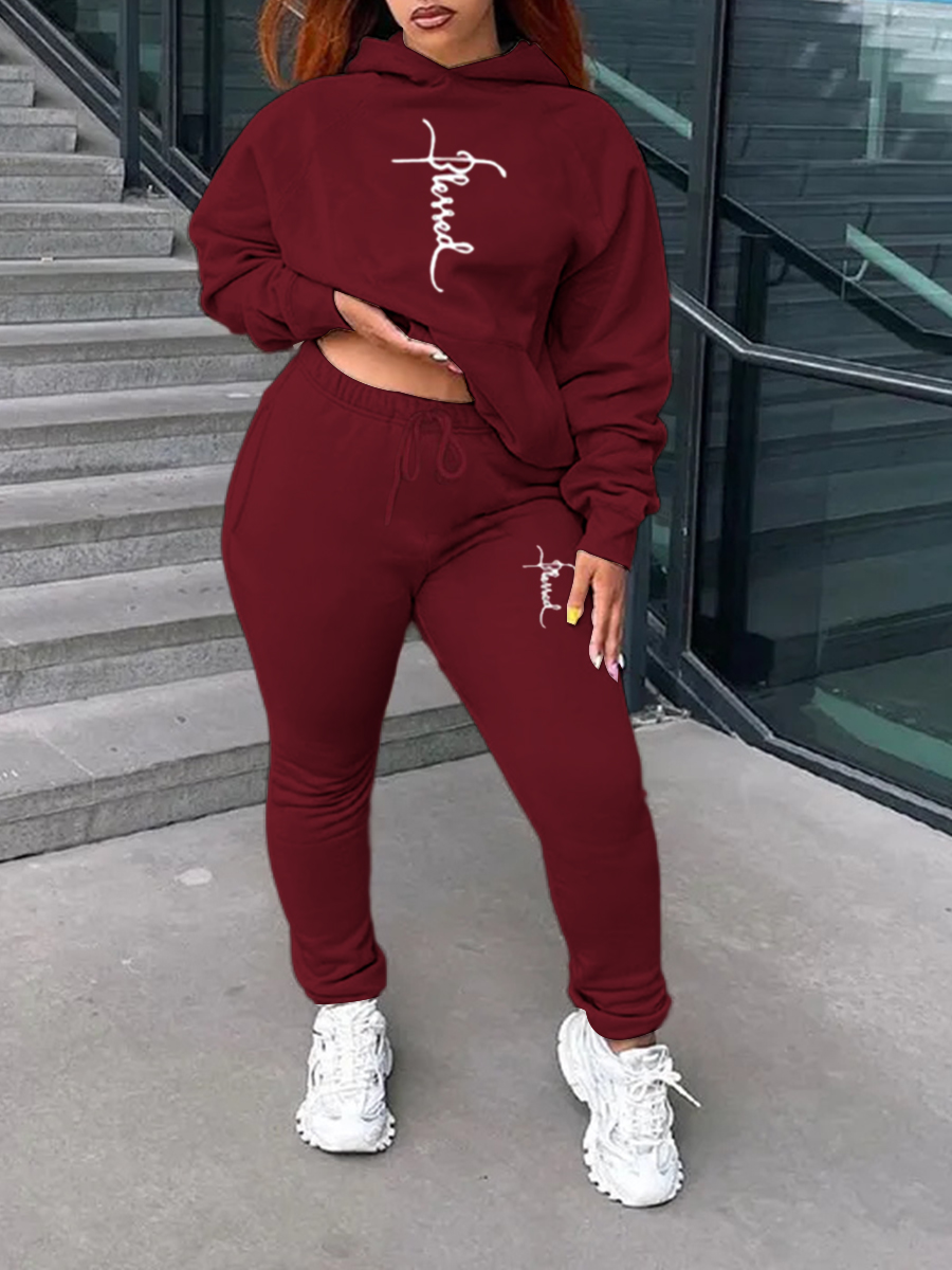 LW Plus Size Faith Letter Print Kangaroo Pocket Tracksuit Set