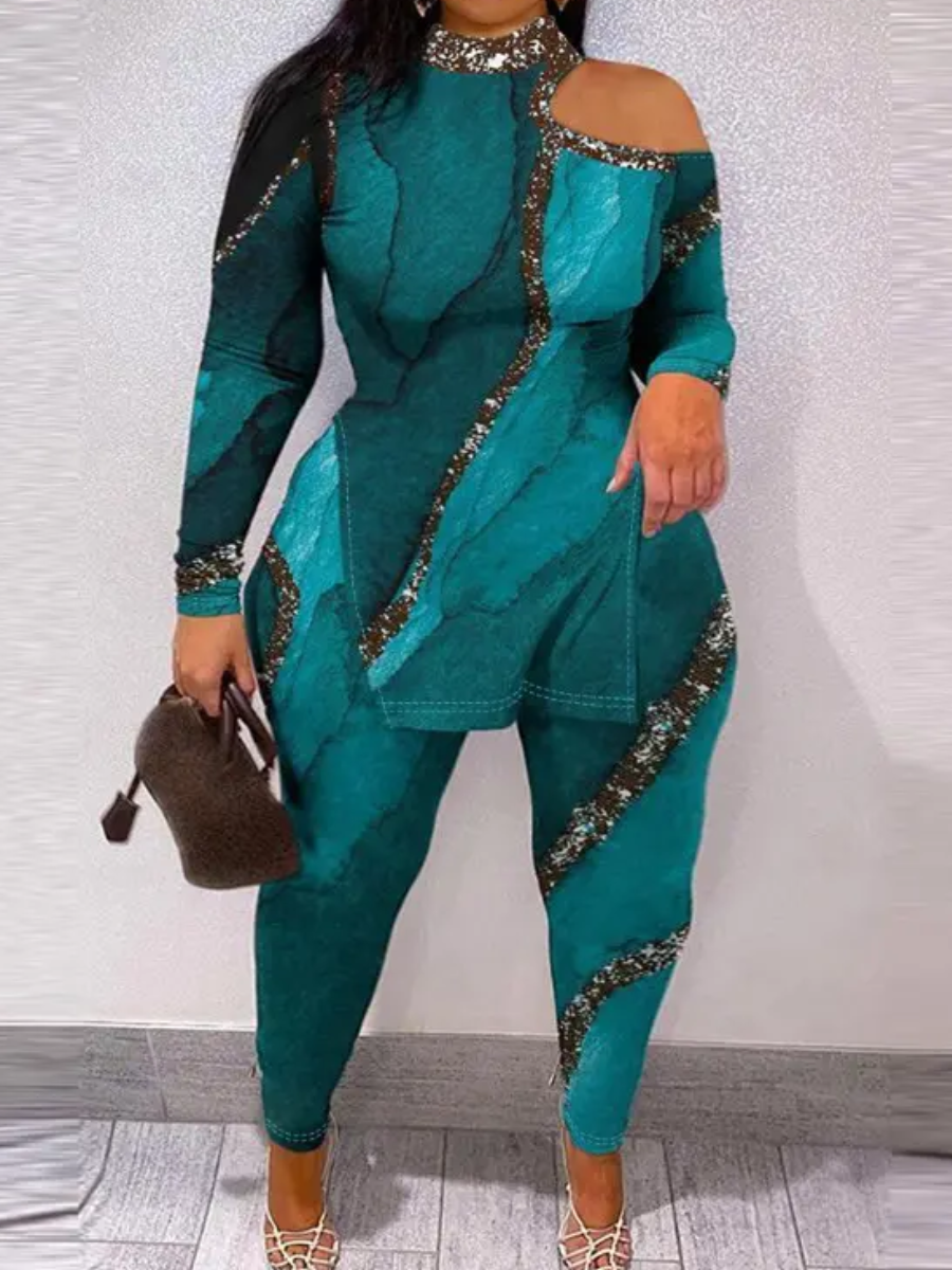 LW Plus Size Leopard Print Cut Out Side Split Pants Set
