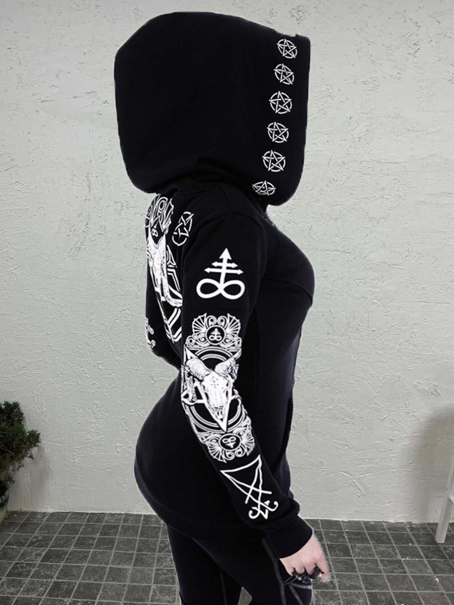 LW Plus Size Hooded Collar Figure Print Jacket