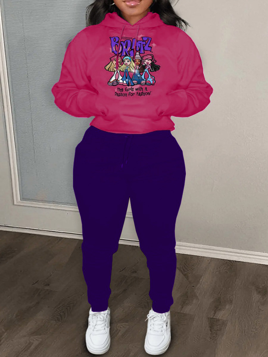 LW Plus Size Cartoon Letter Print Kangaroo Pocket Tracksuit Set