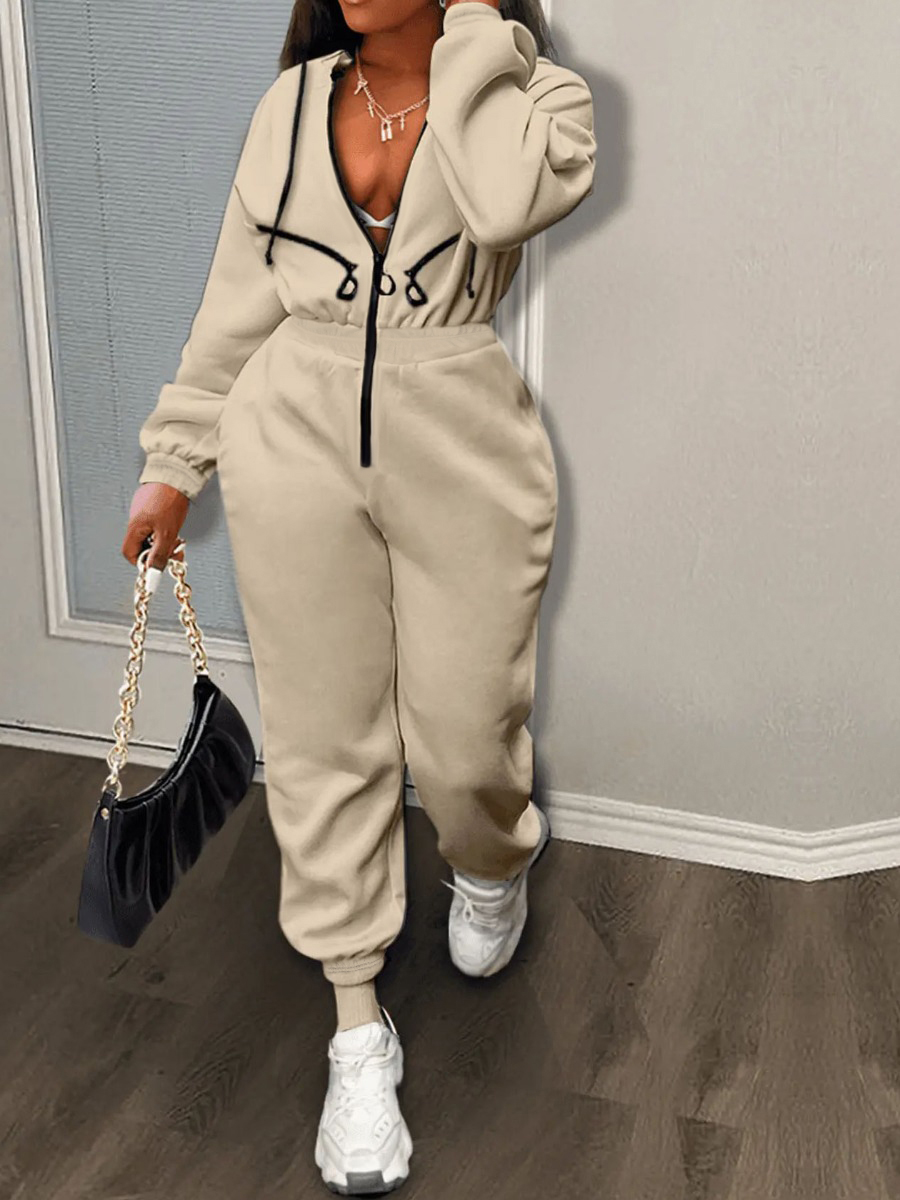LW Hooded Collar Zipper Design Jumpsuit
