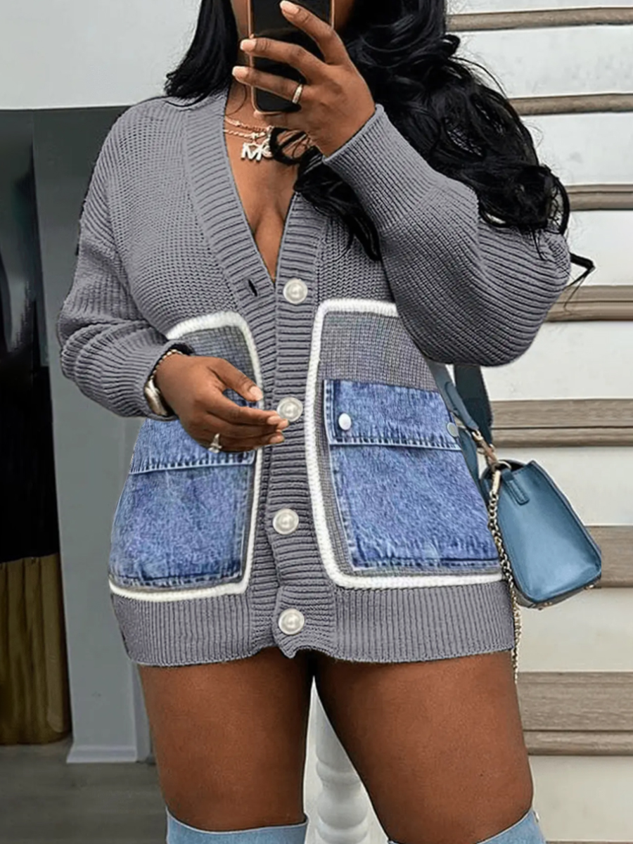 LovelyWholesale V Neck Pocket Design Patchwork Cardigan Fall Nine Points Sleeve Casual V Neck Spring Summer 2024