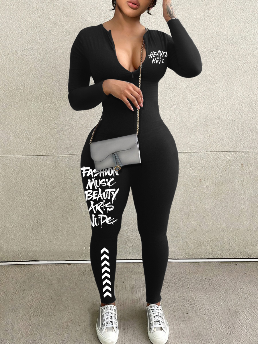 LovelyWholesale Letter Print Zipper Design Jumpsuit Fall Long Sleeve Casual Graffiti Element Round Neck Spring Summer 2024