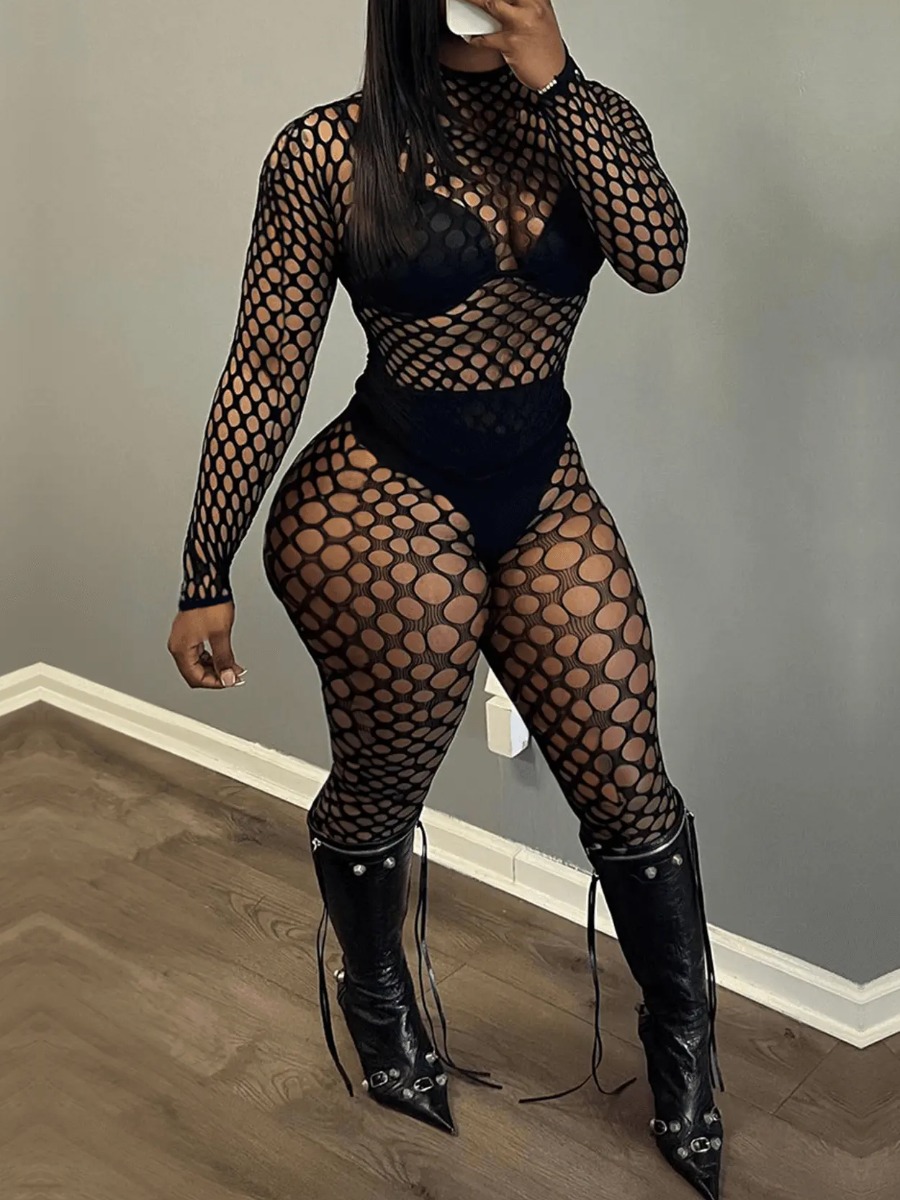 LovelyWholesale SXY Plus Size Mesh Pierced Skinny Jumpsuit Fall Long Sleeve Sxy See Through Round Neck  OneSize Spring Summer 2024
