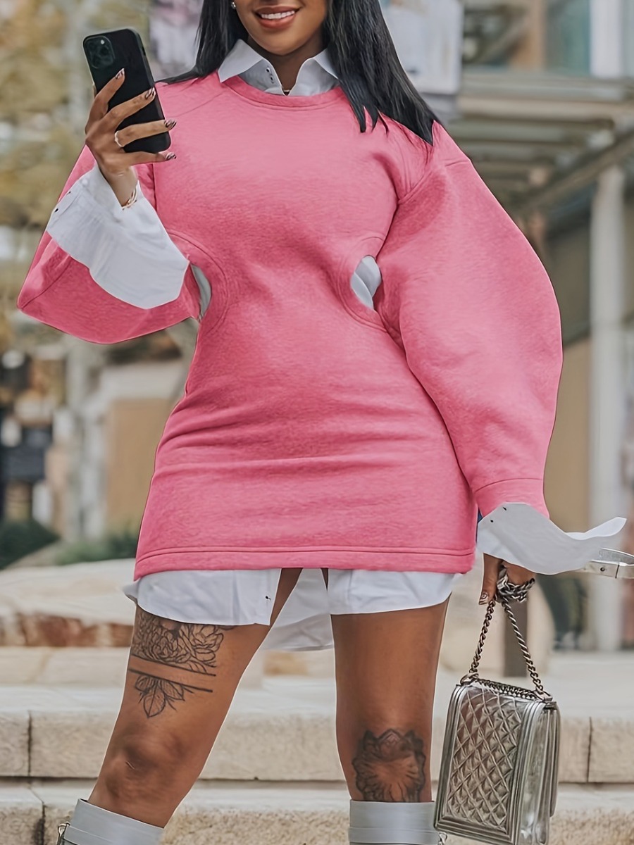 LovelyWholesale Plus Size Turndown Collar Shirt Decor Sweat Dress Fall Long Sleeve Casual Basic Round Neck  5X Spring Summer 2024