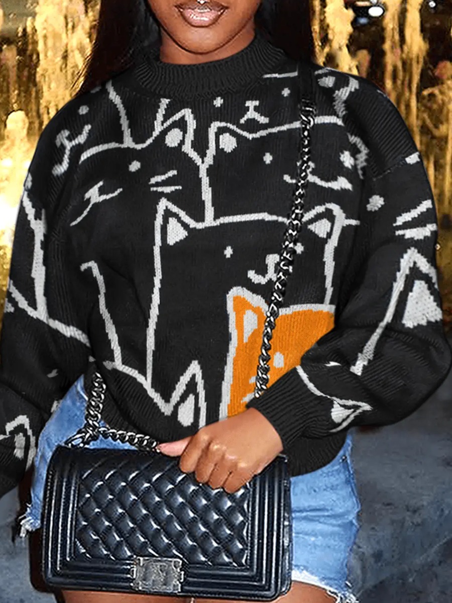 LovelyWholesale Round Neck Geometric Print Cardigan Fall|Winter Nine Points Sleeve Cute None Round Neck Spring Summer 2024