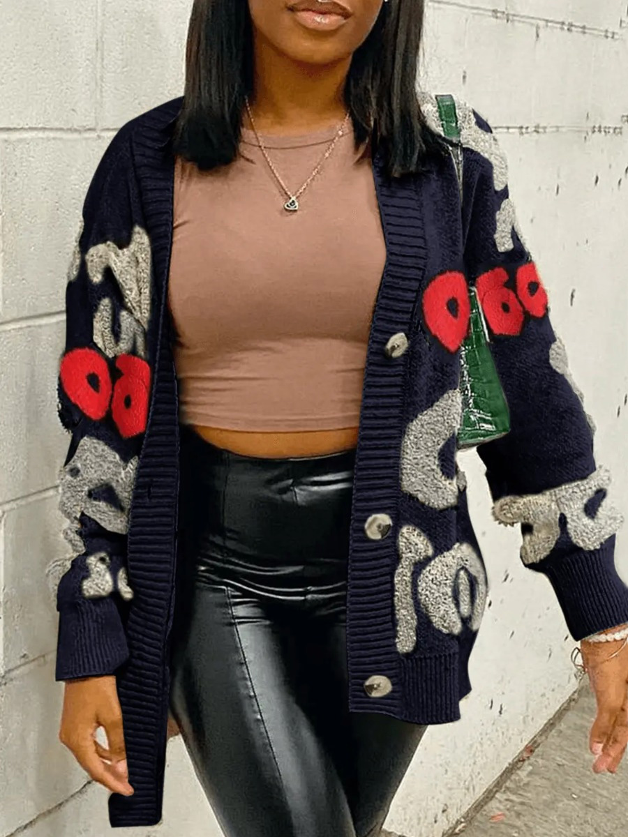 LW Letter Decor Patchwork Loose Cardigan