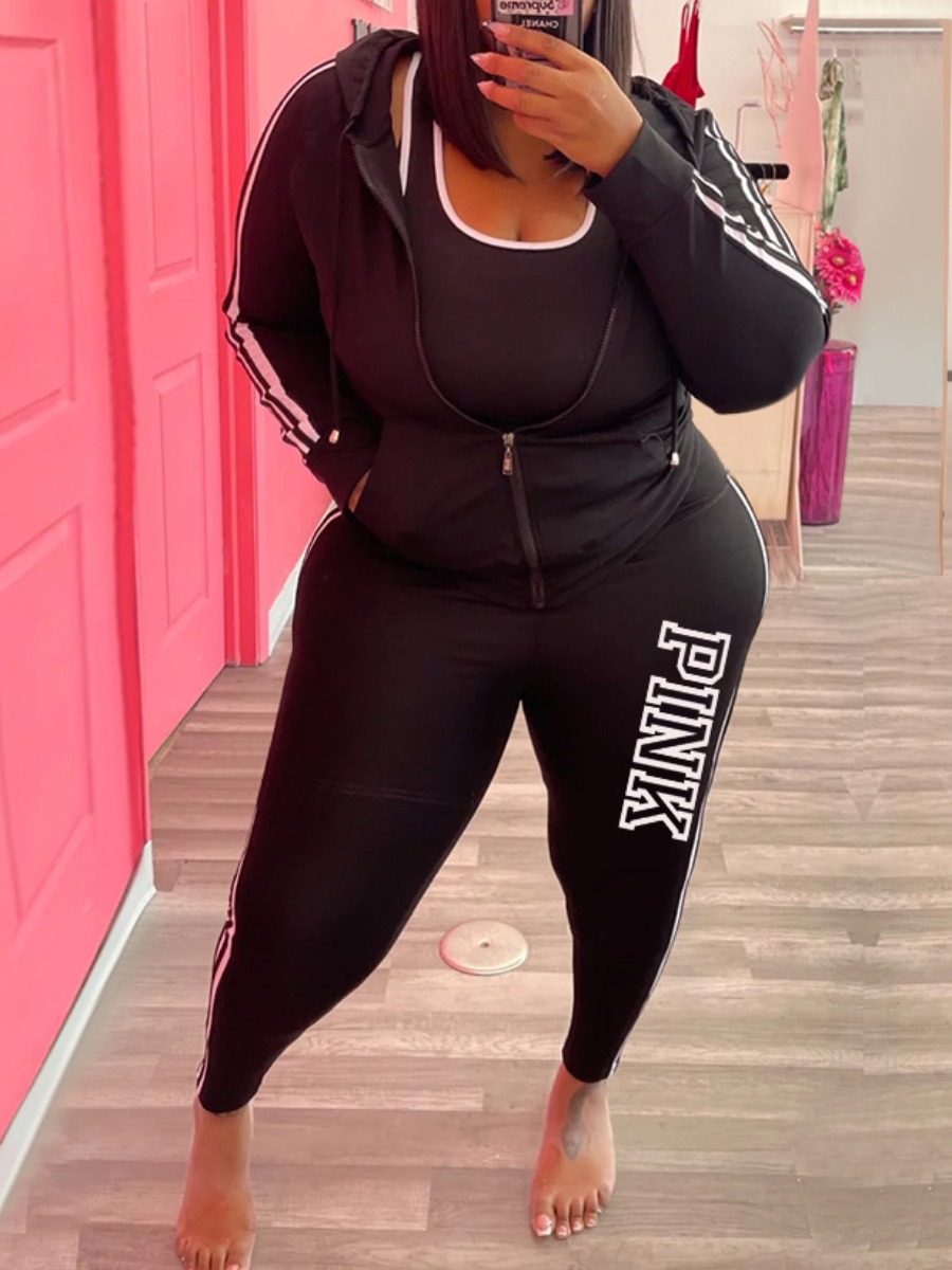 LW Plus Size Pink Letter Print Striped Pants Set