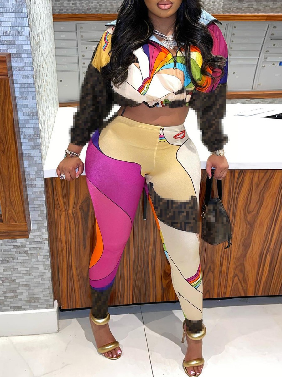 LovelyWholesale Crop Top Mixed Print Skinny Pants Set Fall Long Sleeve Street Pattern Turndown Collar Spring Summer 2024