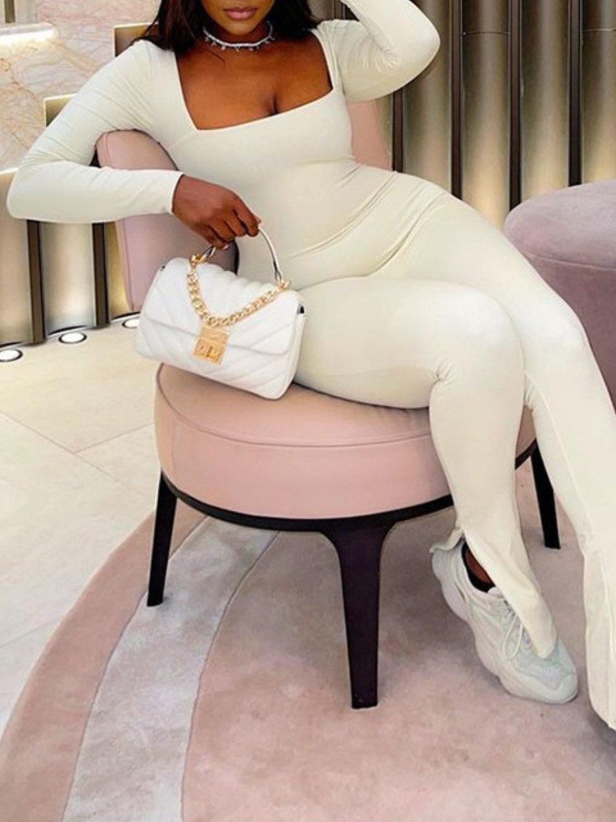 LW BASICS Square Neck Split Zipper Design Jumpsuit
