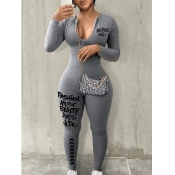 LW Letter Print Zipper Design Jumpsuit