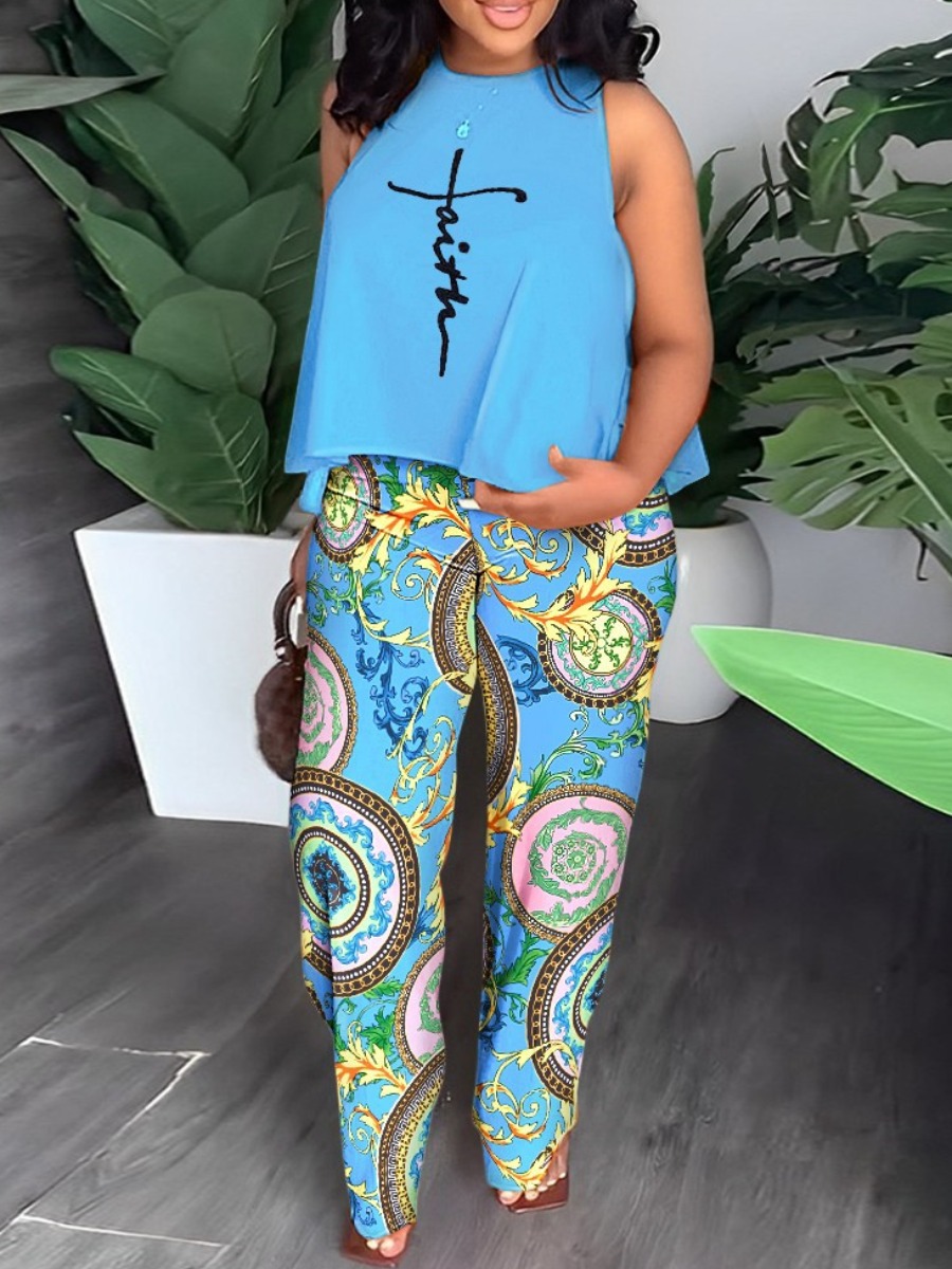 LW Plus Size Faith Letter Tribal Print Pants Set
