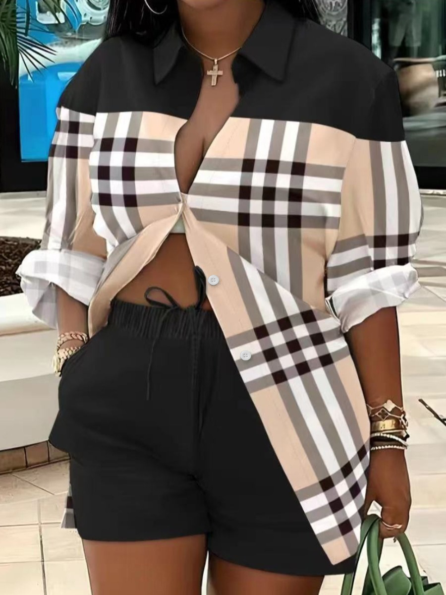 LovelyWholesale Plus Size Plaid Print Drawstring Shorts Set Spring Long Sleeve Casual Patchwork Turndown Collar  3X Spring Summer 2024