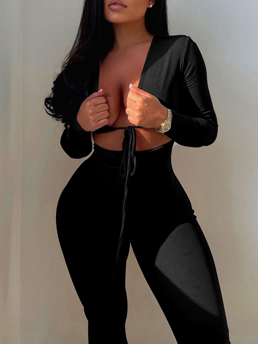 LovelyWholesale SXY Crop Top Drawstring Skinny Jumpsuit Fall Long Sleeve Sxy Bandage Design Notch Neck Spring Summer 2024