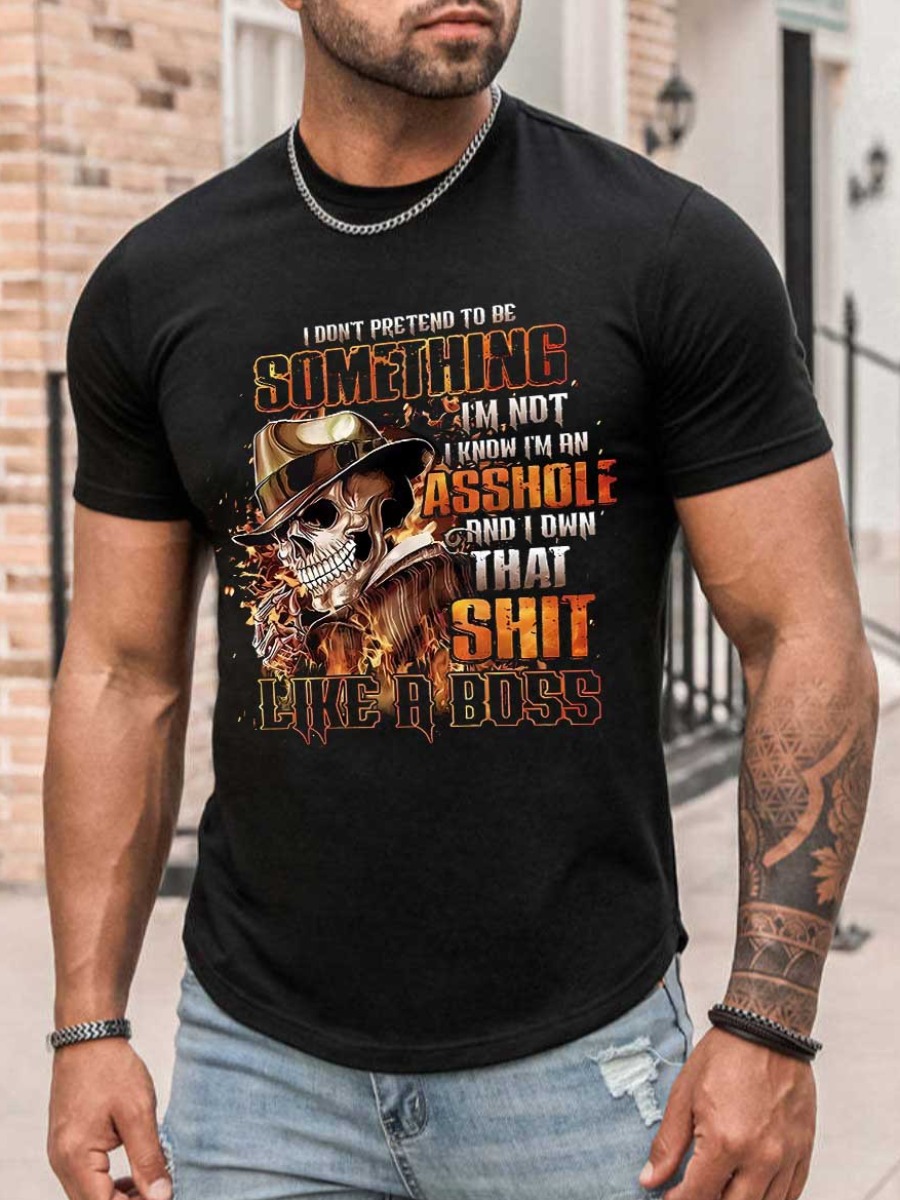 LovelyWholesale Men Skull Head Letter Print T-shirt Summer Short Sleeve Casual Pattern Round Neck Spring Summer 2024