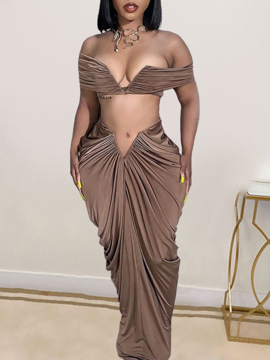 LW SXY Plus Size Off The Shoulder Ruched Skirt Set