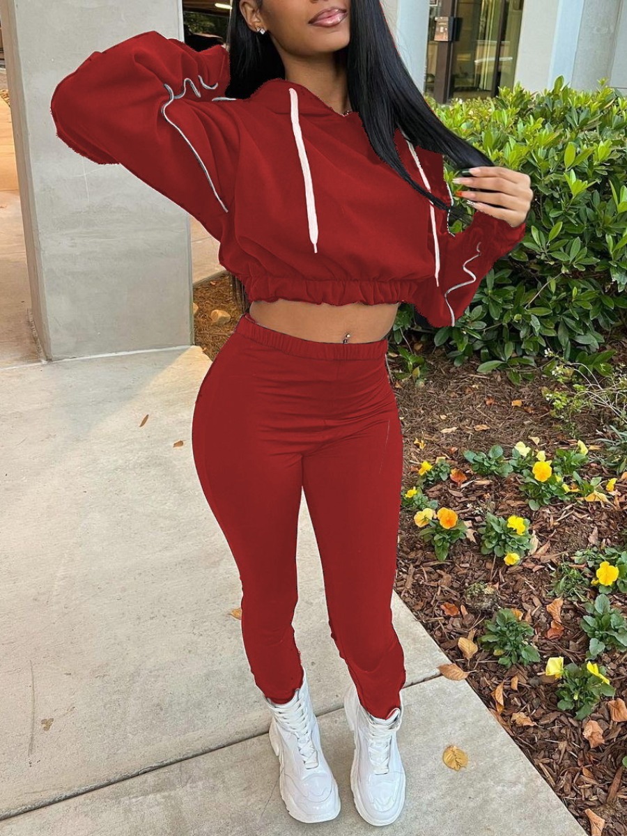 LW Hooded Collar Drawstring Tracksuit Set