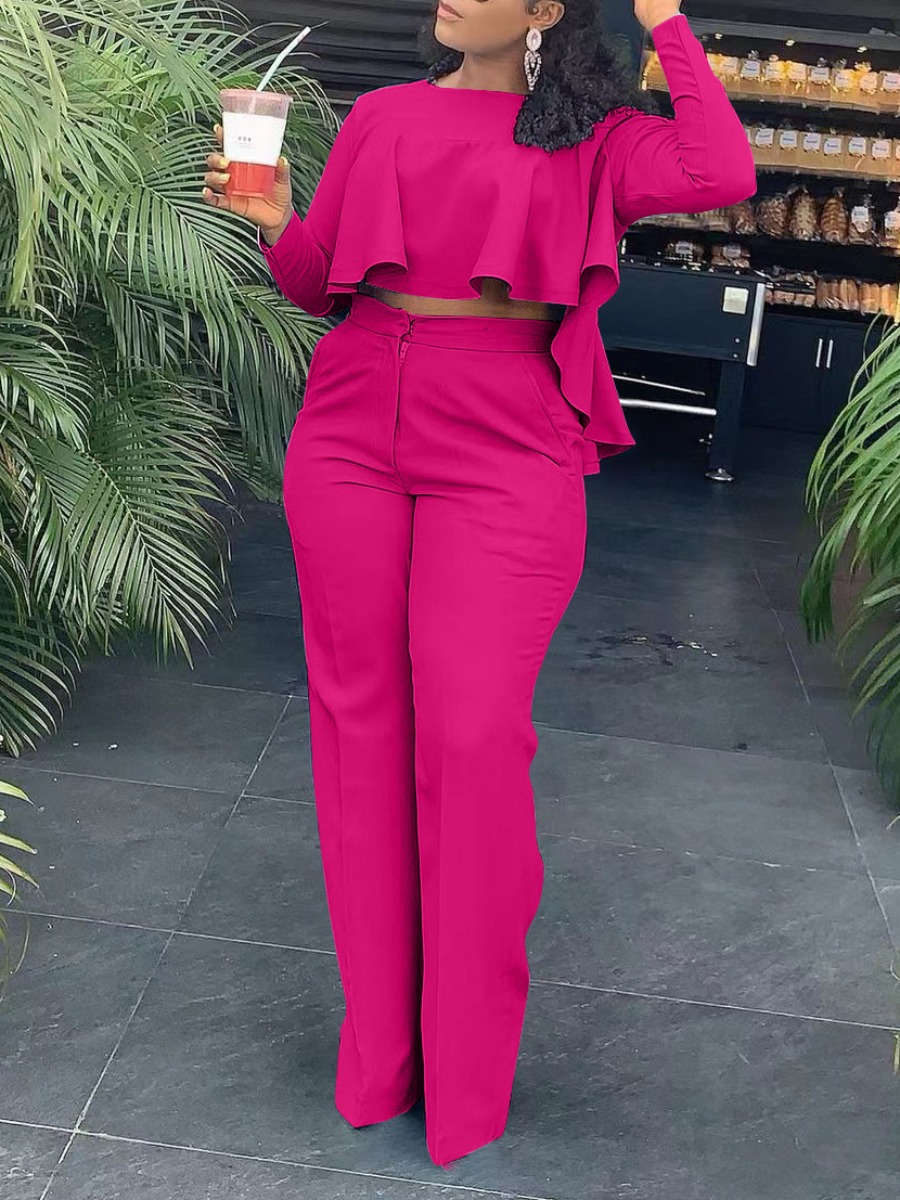 LovelyWholesale Plus Size Crop Top Flounce Design High Waist Pants Set Fall Long Sleeve Casual Ruffle Round Neck  3X Spring Summer 2024