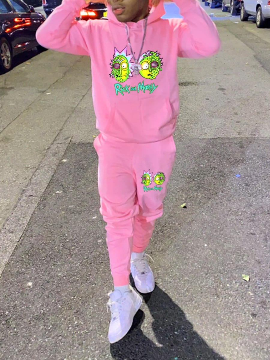 LW Men Cartoon Letter Print Kangaroo Pocket Tracksuit Set