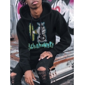 LW Men Cartoon Letter Print Kangaroo Pocket Hoodie