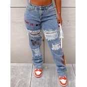 LW Butterfly Letter Print Ripped Jeans (No Stretch