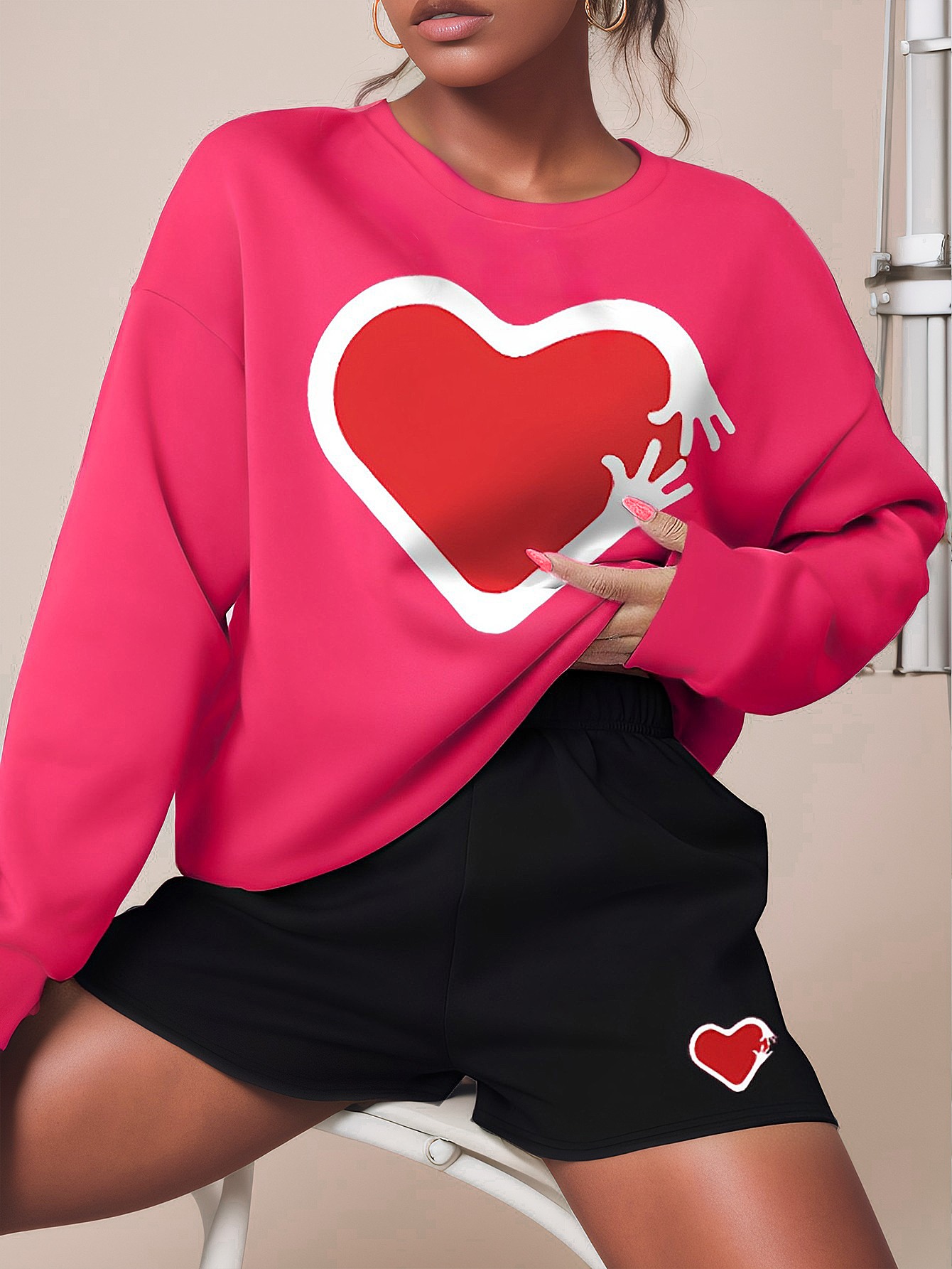 LW Dropped Shoulder Heart Print Shorts Set