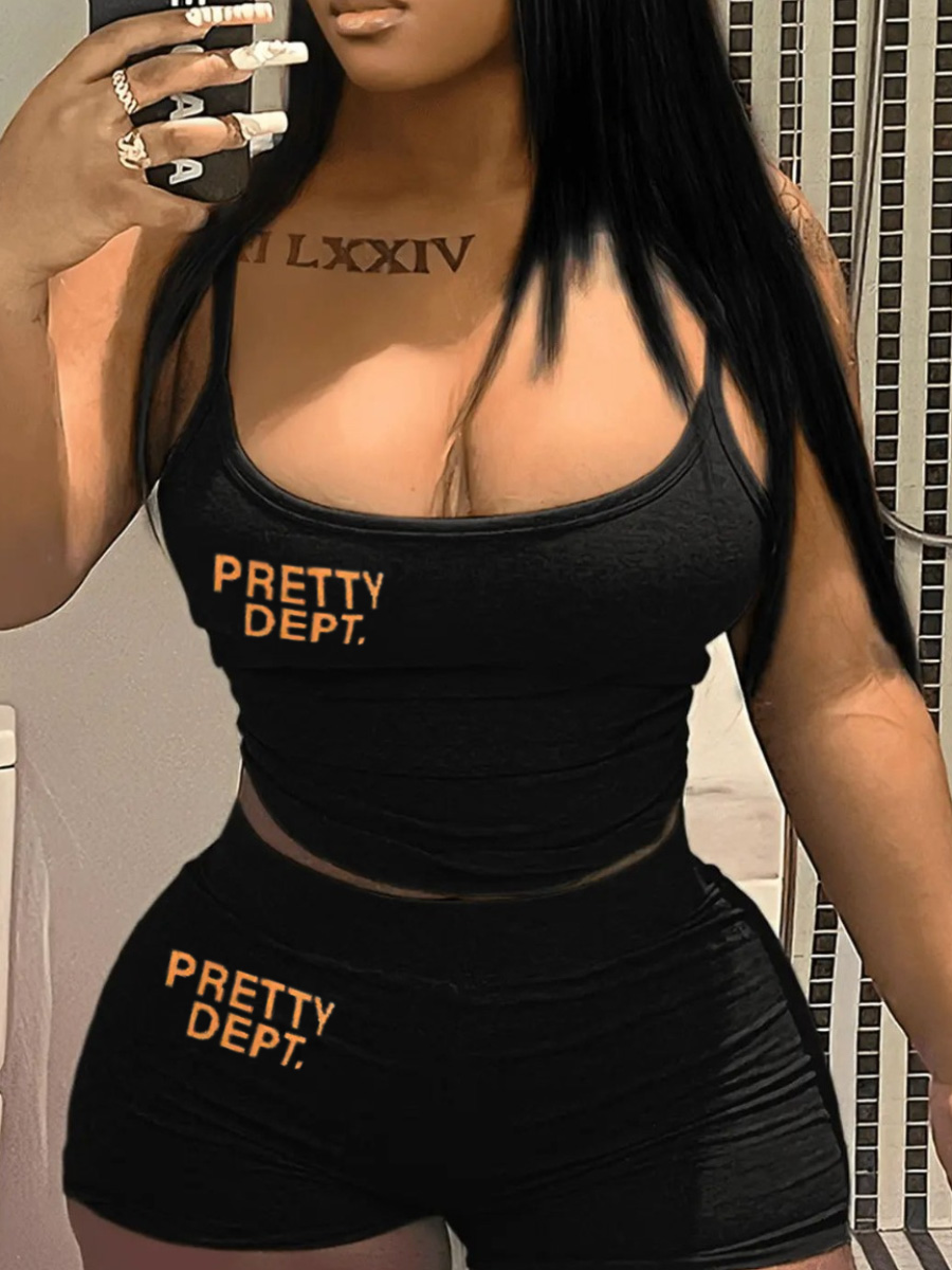 LovelyWholesale Plus Size Cami Letter Print Shorts Set Summer Sleeveless Casual Pattern U Neck  3X Spring Summer 2024