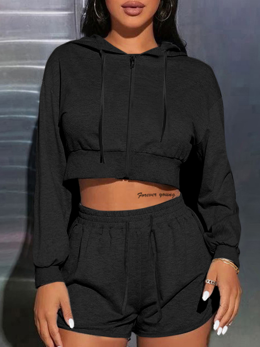 LW Hooded Collar Zipper Design Short Set