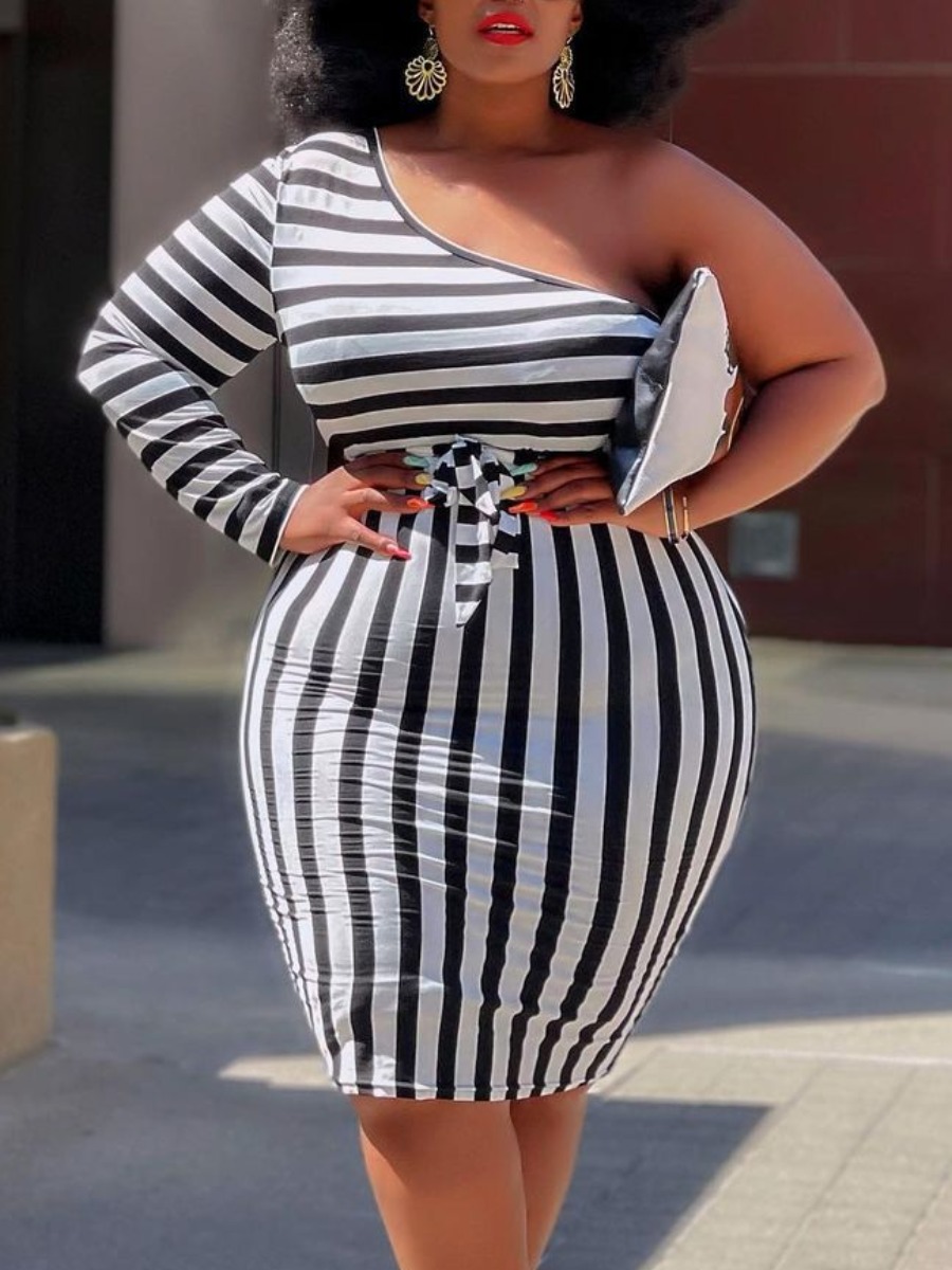 LovelyWholesale Plus Size One Shoulder Striped Bodycon Dress Fall Long Sleeve Casual Pattern One Shoulder  5X Spring Summer 2024