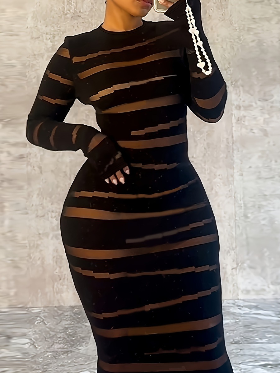 LW SXY Plus Size Round Neck Striped Bodycon Dress