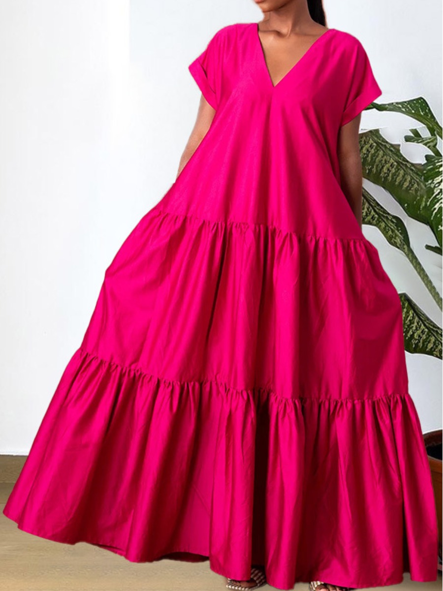 LovelyWholesale Plus Size V Neck Ruffle Design A Line Dress Summer Short Sleeve Elegant Ruched V Neck  3X Spring Summer 2024