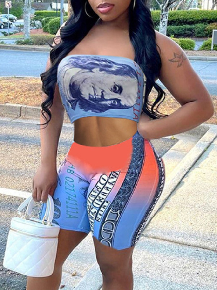 LW Crop Top Gradient Money Letter Print Shorts Set