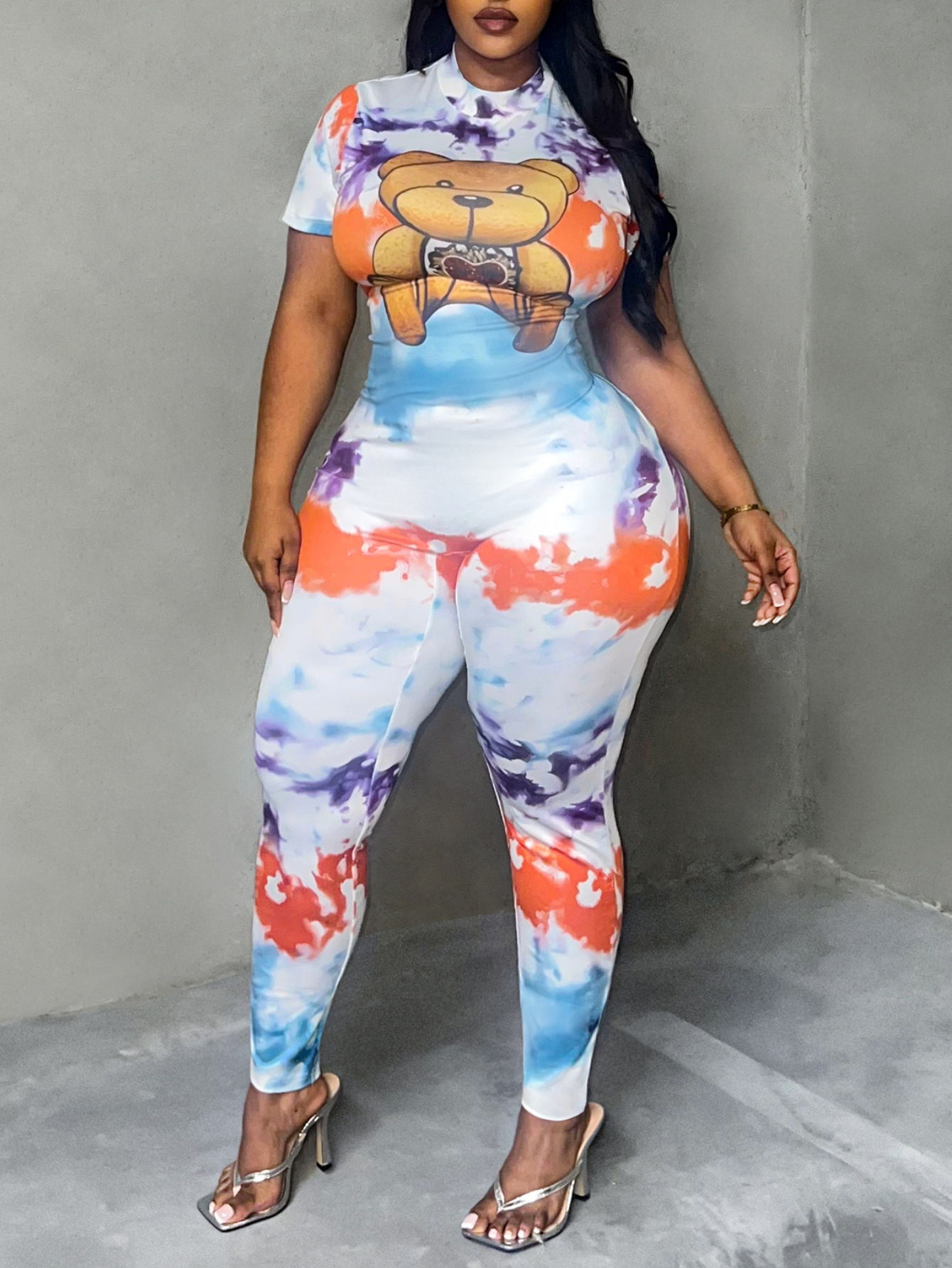 LW Plus Size Teddy Bear Print Tie Dye Jumpsuit
