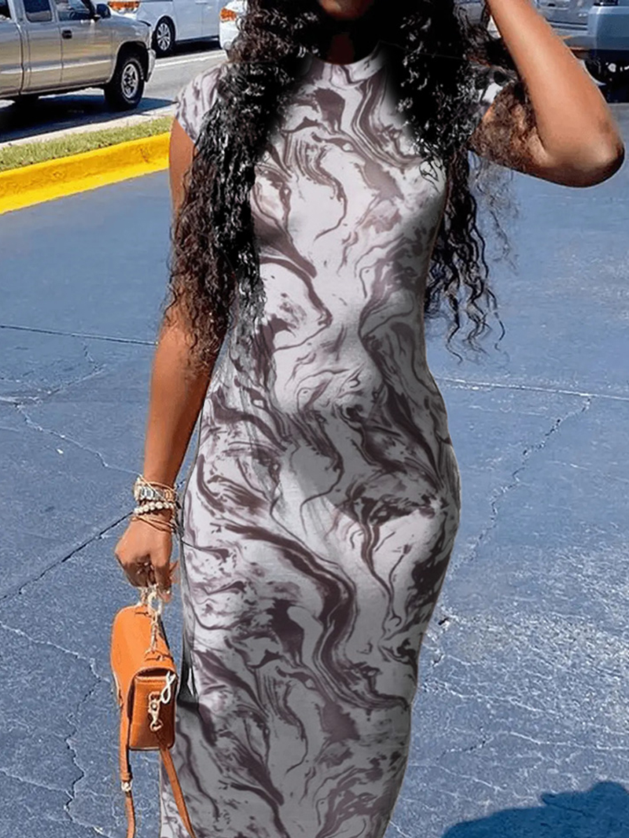 LW Mixed Print Zipper Design Bodycon Dress