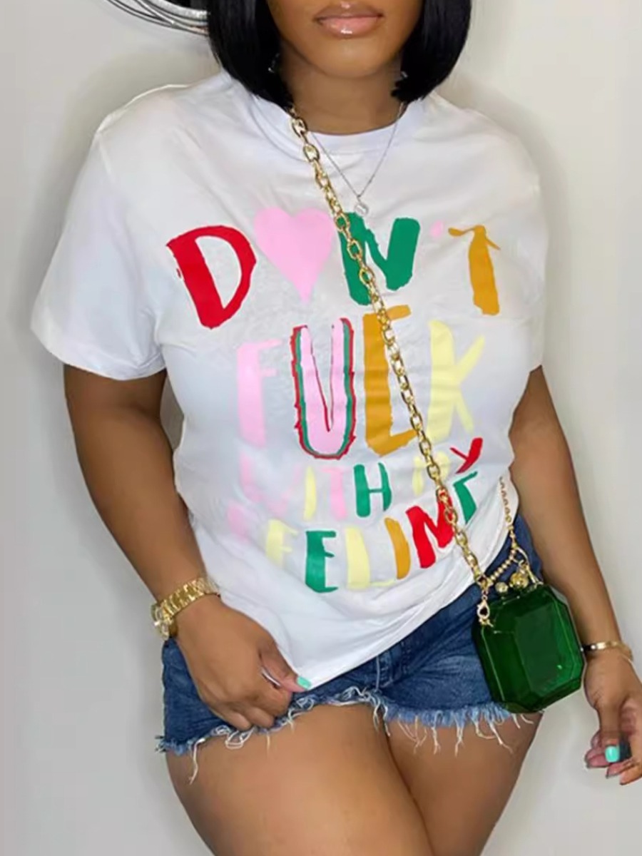 LovelyWholesale Plus Size Heart Letter Print T-shirt Summer Short Sleeve Casual Pattern Round Neck  5X Spring Summer 2024