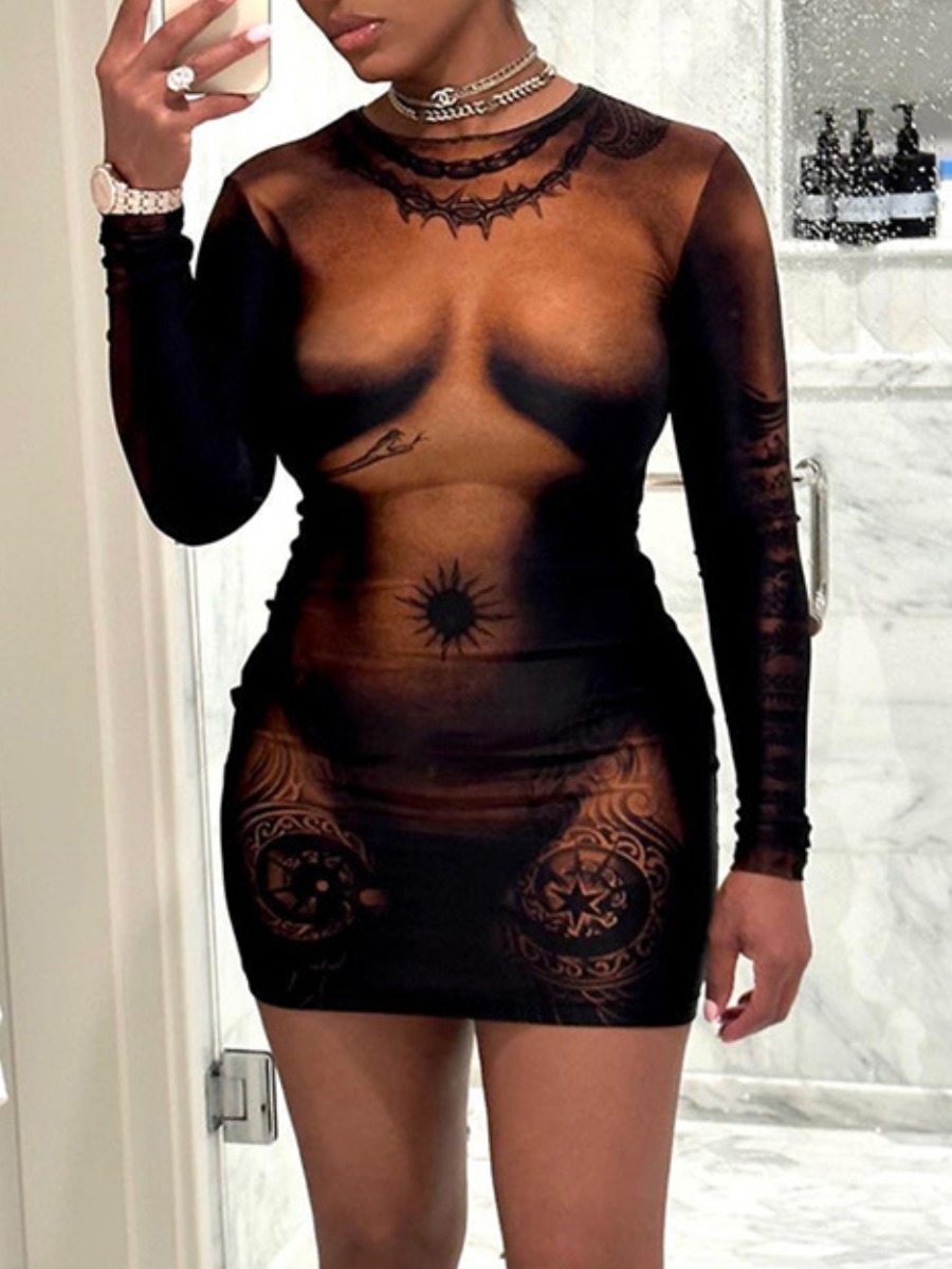 LovelyWholesale SXY Body Heat Print Bodycon Dress Fall Long Sleeve Sxy None Round Neck Spring Summer 2024