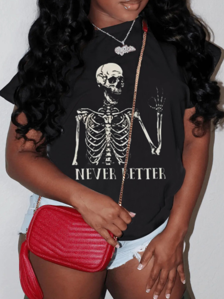 LovelyWholesale Plus Size Skeleton Letter Print T-shirt Summer Short Sleeve Street Pattern Round Neck  5X Spring Summer 2024