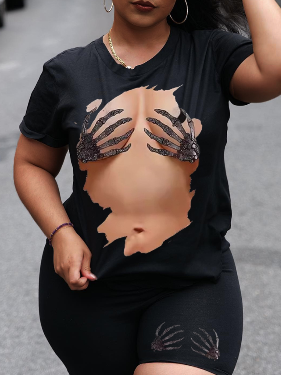 LovelyWholesale Plus Size Body Skeleton Print Shorts Set Summer Short Sleeve Casual Pattern Round Neck  5X Spring Summer 2024