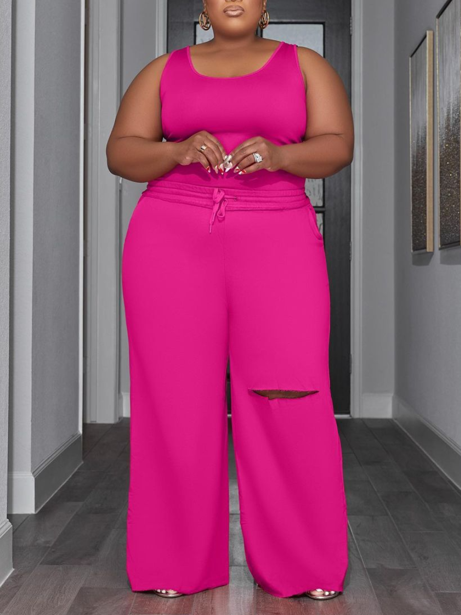 LW BASICS Plus Size Cami Ripped Drawstring Pants Set