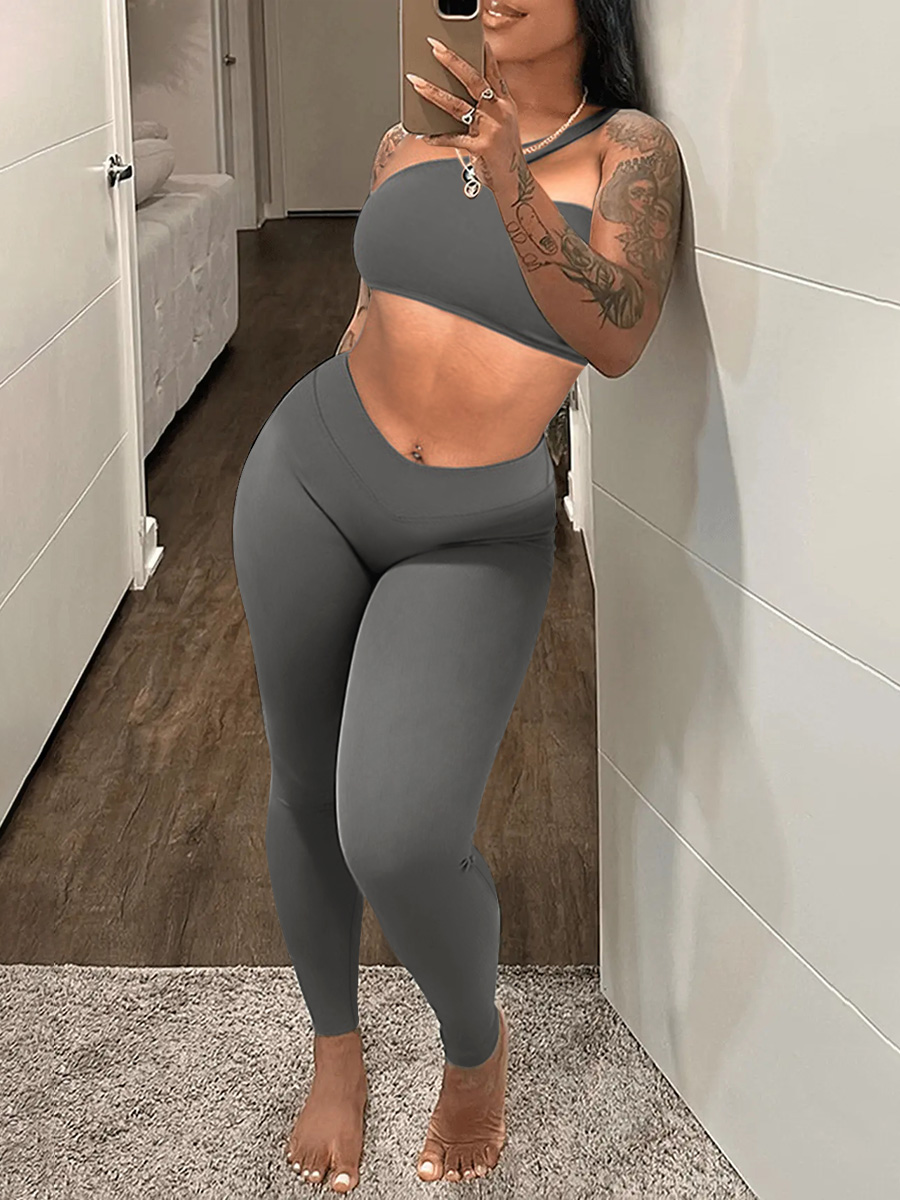 LW One Shoulder Crop Top Skinny Pants Set