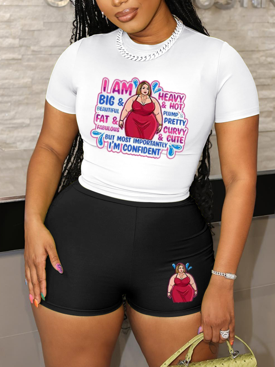 LovelyWholesale Plus Size Figure Letter Print Shorts Set Summer Short Sleeve Casual Pocket Design Round Neck  5X Spring Summer 2024