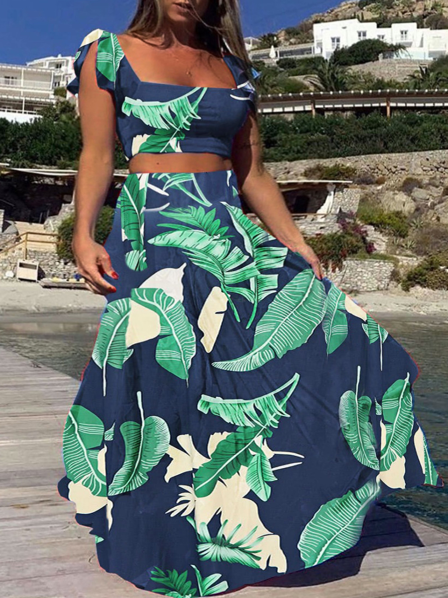 LW Plus Size Crop Top Floral Print A Line Skirt Set