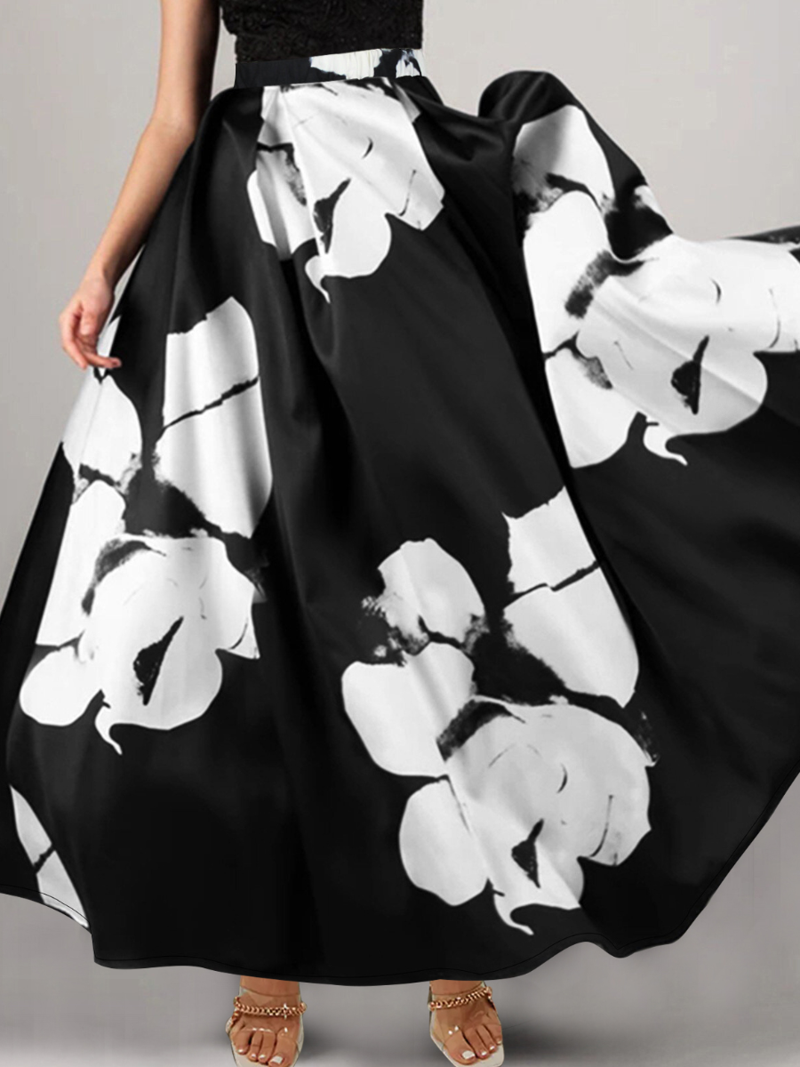 LovelyWholesale Plus Size Large Floral Print A Line Skirt Summer Nine Points Sleeve Casual Pattern  4X Spring Summer 2024