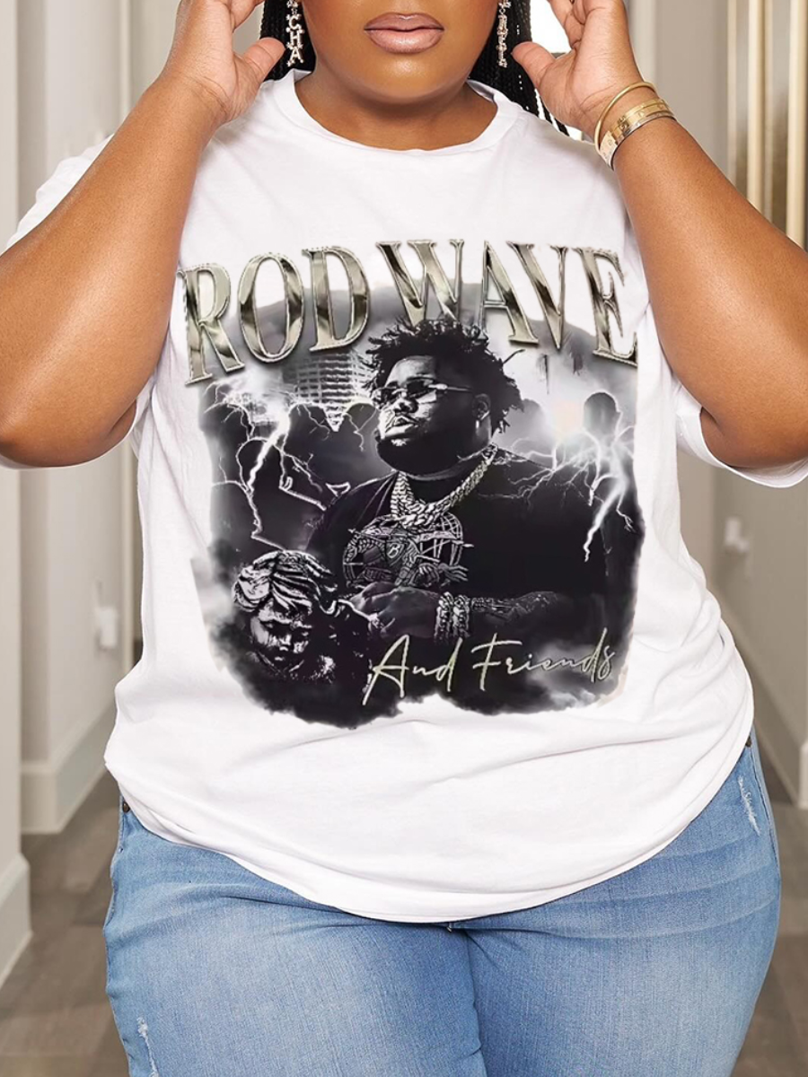 LovelyWholesale Plus Size Figure Letter Print T-shirt Summer Short Sleeve Street Pattern Round Neck  5X Spring Summer 2024