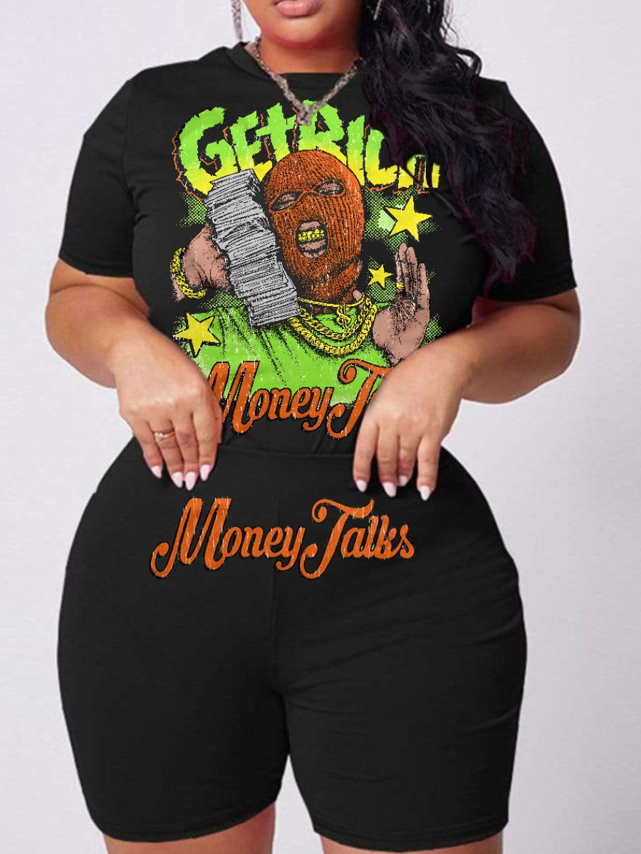 LovelyWholesale Plus Size Figure Money Letter Print Shorts Set Summer Short Sleeve Casual Pattern Round Neck  5X Spring Summer 2024