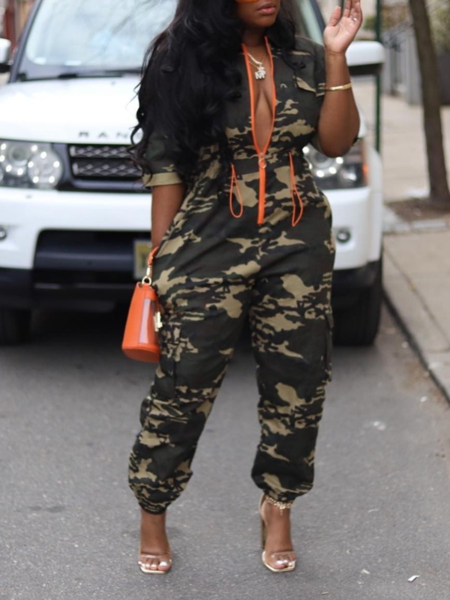 LW Plus Size Camo Print Drawstring Jumpsuit
