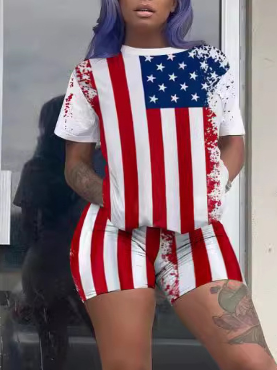 LW Plus Size American Flag Star Print Striped Shor
