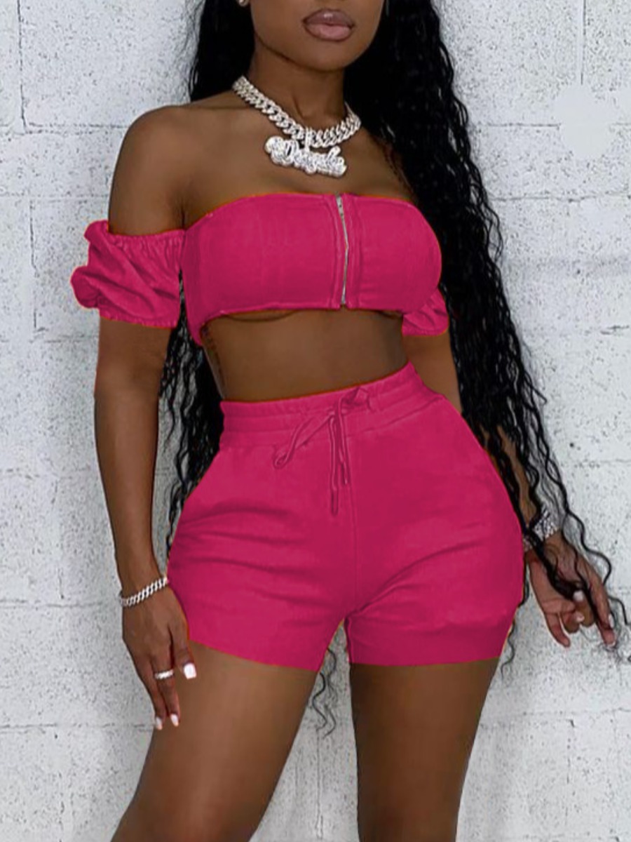 LW Off The Shoulder Crop Top Drawstring Shorts Set